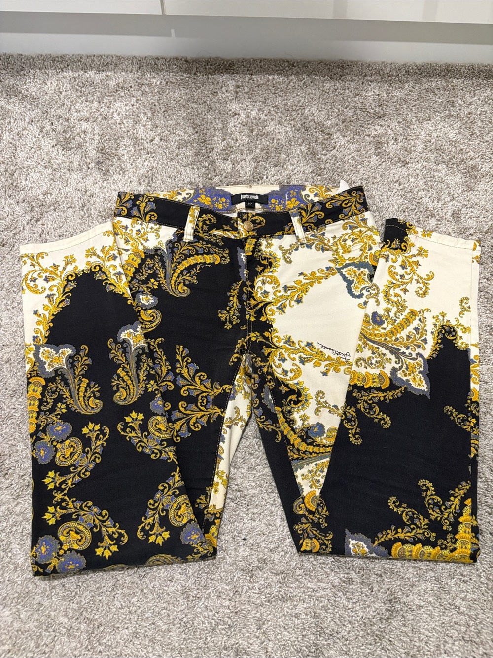 Just Cavalli Baroque Print Jeans in Black, Cream and Gold